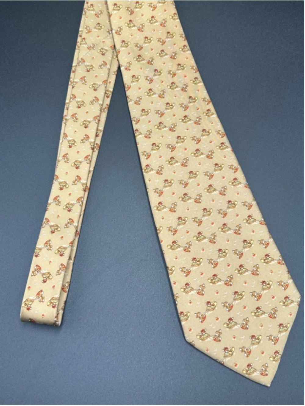 Salvatore Ferragamo Silk Tie Tan Brown Bunnies Driving a Boat Water Skiing - Picture 4 of 15